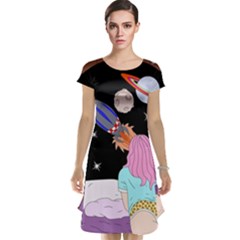 Girl Bed Space Planets Spaceship Rocket Astronaut Galaxy Universe Cosmos Woman Dream Imagination Bed Cap Sleeve Nightdress by Maspions