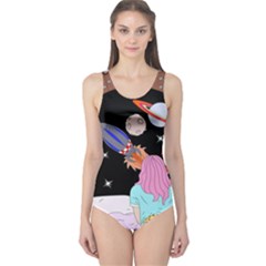 Girl Bed Space Planets Spaceship Rocket Astronaut Galaxy Universe Cosmos Woman Dream Imagination Bed One Piece Swimsuit