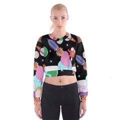 Girl Bed Space Planets Spaceship Rocket Astronaut Galaxy Universe Cosmos Woman Dream Imagination Bed Cropped Sweatshirt