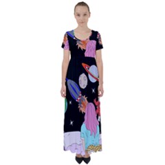 Girl Bed Space Planets Spaceship Rocket Astronaut Galaxy Universe Cosmos Woman Dream Imagination Bed High Waist Short Sleeve Maxi Dress