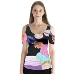 Girl Bed Space Planets Spaceship Rocket Astronaut Galaxy Universe Cosmos Woman Dream Imagination Bed Butterfly Sleeve Cutout T-shirt 