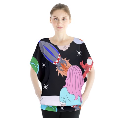 Girl Bed Space Planets Spaceship Rocket Astronaut Galaxy Universe Cosmos Woman Dream Imagination Bed Batwing Chiffon Blouse by Maspions