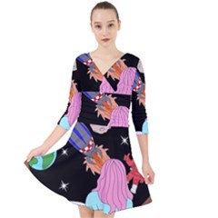 Girl Bed Space Planets Spaceship Rocket Astronaut Galaxy Universe Cosmos Woman Dream Imagination Bed Quarter Sleeve Front Wrap Dress