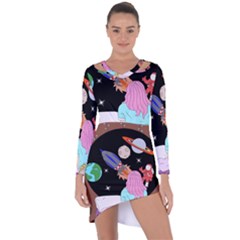 Girl Bed Space Planets Spaceship Rocket Astronaut Galaxy Universe Cosmos Woman Dream Imagination Bed Asymmetric Cut-out Shift Dress