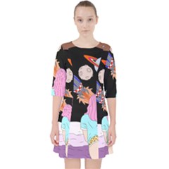 Girl Bed Space Planets Spaceship Rocket Astronaut Galaxy Universe Cosmos Woman Dream Imagination Bed Quarter Sleeve Pocket Dress