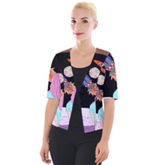 Girl Bed Space Planets Spaceship Rocket Astronaut Galaxy Universe Cosmos Woman Dream Imagination Bed Cropped Button Cardigan