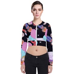 Girl Bed Space Planets Spaceship Rocket Astronaut Galaxy Universe Cosmos Woman Dream Imagination Bed Long Sleeve Zip Up Bomber Jacket