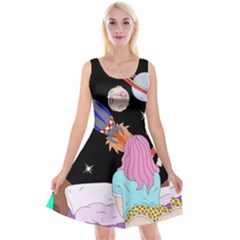 Girl Bed Space Planets Spaceship Rocket Astronaut Galaxy Universe Cosmos Woman Dream Imagination Bed Reversible Velvet Sleeveless Dress