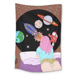 Girl Bed Space Planets Spaceship Rocket Astronaut Galaxy Universe Cosmos Woman Dream Imagination Bed Large Tapestry