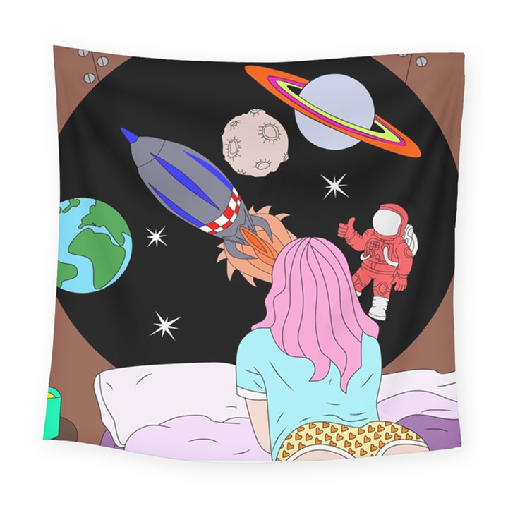 Girl Bed Space Planets Spaceship Rocket Astronaut Galaxy Universe Cosmos Woman Dream Imagination Bed Square Tapestry (Large)