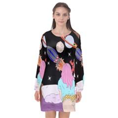 Girl Bed Space Planets Spaceship Rocket Astronaut Galaxy Universe Cosmos Woman Dream Imagination Bed Long Sleeve Chiffon Shift Dress 