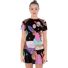 Girl Bed Space Planets Spaceship Rocket Astronaut Galaxy Universe Cosmos Woman Dream Imagination Bed Drop Hem Mini Chiffon Dress