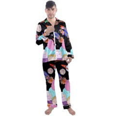 Girl Bed Space Planets Spaceship Rocket Astronaut Galaxy Universe Cosmos Woman Dream Imagination Bed Men s Long Sleeve Satin Pajamas Set