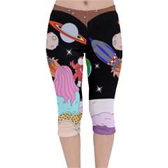 Girl Bed Space Planets Spaceship Rocket Astronaut Galaxy Universe Cosmos Woman Dream Imagination Bed Velvet Capri Leggings  by Maspions