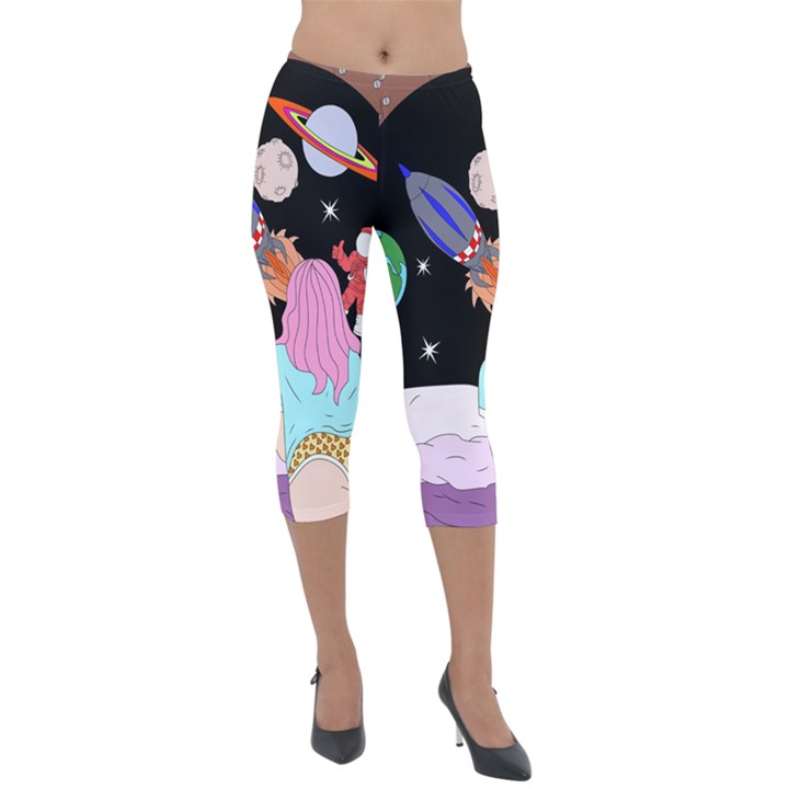 Girl Bed Space Planets Spaceship Rocket Astronaut Galaxy Universe Cosmos Woman Dream Imagination Bed Lightweight Velour Capri Leggings 