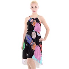 Girl Bed Space Planets Spaceship Rocket Astronaut Galaxy Universe Cosmos Woman Dream Imagination Bed High-low Halter Chiffon Dress 