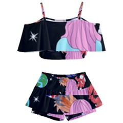 Girl Bed Space Planets Spaceship Rocket Astronaut Galaxy Universe Cosmos Woman Dream Imagination Bed Kids  Off Shoulder Skirt Bikini