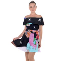 Girl Bed Space Planets Spaceship Rocket Astronaut Galaxy Universe Cosmos Woman Dream Imagination Bed Off Shoulder Velour Dress by Maspions