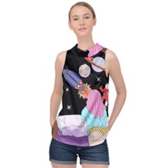 Girl Bed Space Planets Spaceship Rocket Astronaut Galaxy Universe Cosmos Woman Dream Imagination Bed High Neck Satin Top