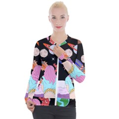 Girl Bed Space Planets Spaceship Rocket Astronaut Galaxy Universe Cosmos Woman Dream Imagination Bed Casual Zip Up Jacket