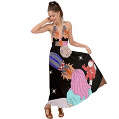 Girl Bed Space Planets Spaceship Rocket Astronaut Galaxy Universe Cosmos Woman Dream Imagination Bed Backless Maxi Beach Dress