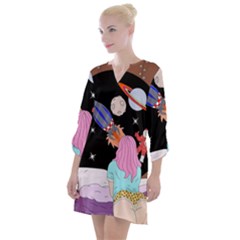 Girl Bed Space Planets Spaceship Rocket Astronaut Galaxy Universe Cosmos Woman Dream Imagination Bed Open Neck Shift Dress