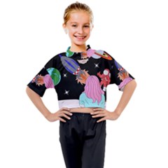 Girl Bed Space Planets Spaceship Rocket Astronaut Galaxy Universe Cosmos Woman Dream Imagination Bed Kids Mock Neck T-shirt