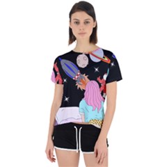 Girl Bed Space Planets Spaceship Rocket Astronaut Galaxy Universe Cosmos Woman Dream Imagination Bed Open Back Sport T-shirt