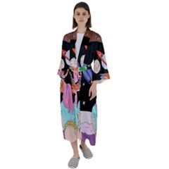 Girl Bed Space Planets Spaceship Rocket Astronaut Galaxy Universe Cosmos Woman Dream Imagination Bed Maxi Satin Kimono