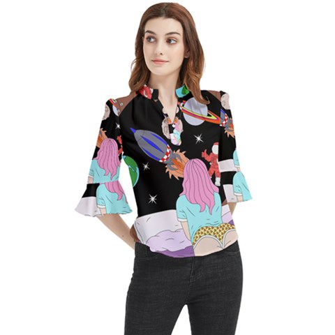 Girl Bed Space Planets Spaceship Rocket Astronaut Galaxy Universe Cosmos Woman Dream Imagination Bed Loose Horn Sleeve Chiffon Blouse by Maspions