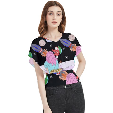 Girl Bed Space Planets Spaceship Rocket Astronaut Galaxy Universe Cosmos Woman Dream Imagination Bed Butterfly Chiffon Blouse by Maspions