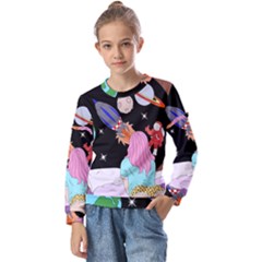 Girl Bed Space Planets Spaceship Rocket Astronaut Galaxy Universe Cosmos Woman Dream Imagination Bed Kids  Long Sleeve T-shirt With Frill 