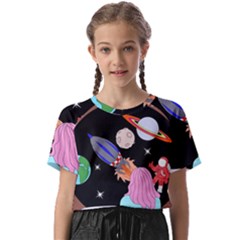 Girl Bed Space Planets Spaceship Rocket Astronaut Galaxy Universe Cosmos Woman Dream Imagination Bed Kids  Basic T-shirt by Maspions