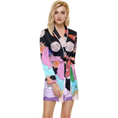 Girl Bed Space Planets Spaceship Rocket Astronaut Galaxy Universe Cosmos Woman Dream Imagination Bed Long Sleeve Satin Robe