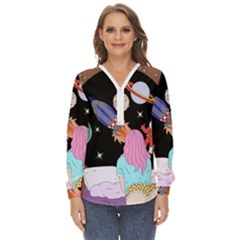 Girl Bed Space Planets Spaceship Rocket Astronaut Galaxy Universe Cosmos Woman Dream Imagination Bed Zip Up Long Sleeve Blouse