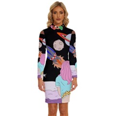 Girl Bed Space Planets Spaceship Rocket Astronaut Galaxy Universe Cosmos Woman Dream Imagination Bed Long Sleeve Shirt Collar Bodycon Dress by Maspions