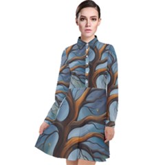 Tree Branches Mystical Moon Expressionist Oil Painting Acrylic Painting Abstract Nature Moonlight Ni Long Sleeve Chiffon Shirt Dress