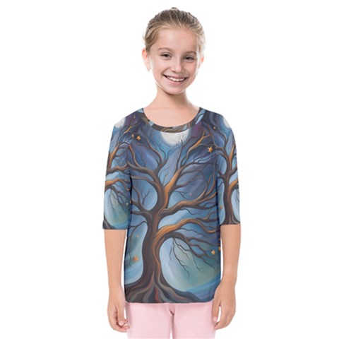 Tree Branches Mystical Moon Expressionist Oil Painting Acrylic Painting Abstract Nature Moonlight Ni Kids  Quarter Sleeve Raglan T-shirt by Maspions