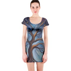 Tree Branches Mystical Moon Expressionist Oil Painting Acrylic Painting Abstract Nature Moonlight Ni Short Sleeve Bodycon Dress