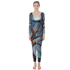 Tree Branches Mystical Moon Expressionist Oil Painting Acrylic Painting Abstract Nature Moonlight Ni Long Sleeve Catsuit by Maspions