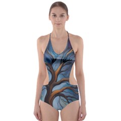 Tree Branches Mystical Moon Expressionist Oil Painting Acrylic Painting Abstract Nature Moonlight Ni Cut-out One Piece Swimsuit