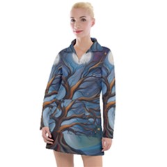 Tree Branches Mystical Moon Expressionist Oil Painting Acrylic Painting Abstract Nature Moonlight Ni Women s Long Sleeve Casual Dress