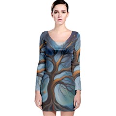 Tree Branches Mystical Moon Expressionist Oil Painting Acrylic Painting Abstract Nature Moonlight Ni Long Sleeve Velvet Bodycon Dress