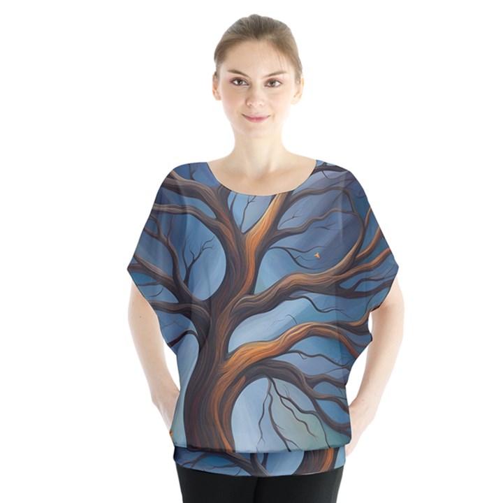 Tree Branches Mystical Moon Expressionist Oil Painting Acrylic Painting Abstract Nature Moonlight Ni Batwing Chiffon Blouse