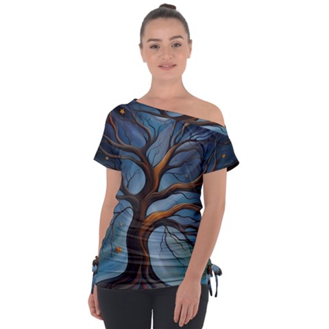 Tree Branches Mystical Moon Expressionist Oil Painting Acrylic Painting Abstract Nature Moonlight Ni Off Shoulder Tie-up T-shirt by Maspions