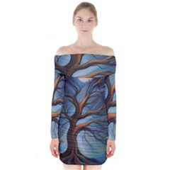 Tree Branches Mystical Moon Expressionist Oil Painting Acrylic Painting Abstract Nature Moonlight Ni Long Sleeve Off Shoulder Dress