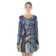 Tree Branches Mystical Moon Expressionist Oil Painting Acrylic Painting Abstract Nature Moonlight Ni Long Sleeve Velvet V-neck Dress