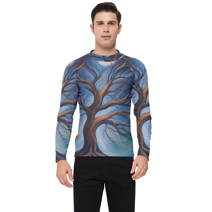 Tree Branches Mystical Moon Expressionist Oil Painting Acrylic Painting Abstract Nature Moonlight Ni Men s Long Sleeve Rash Guard