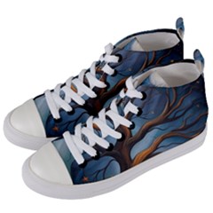 Tree Branches Mystical Moon Expressionist Oil Painting Acrylic Painting Abstract Nature Moonlight Ni Women s Mid-top Canvas Sneakers