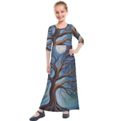 Tree Branches Mystical Moon Expressionist Oil Painting Acrylic Painting Abstract Nature Moonlight Ni Kids  Quarter Sleeve Maxi Dress by Maspions